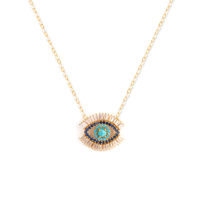 Evil Eye Necklace, 18k Gold Vermeil with Turquoise, Lapis, Zirconia Baguette Diamonds