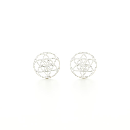 Seed of Life Sterling Stud Earrings, White Rhodium