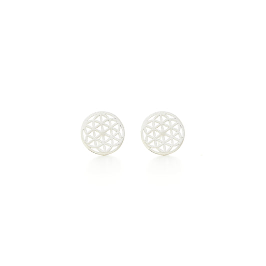 Flower of Life Stud Earrings, White Rhodium