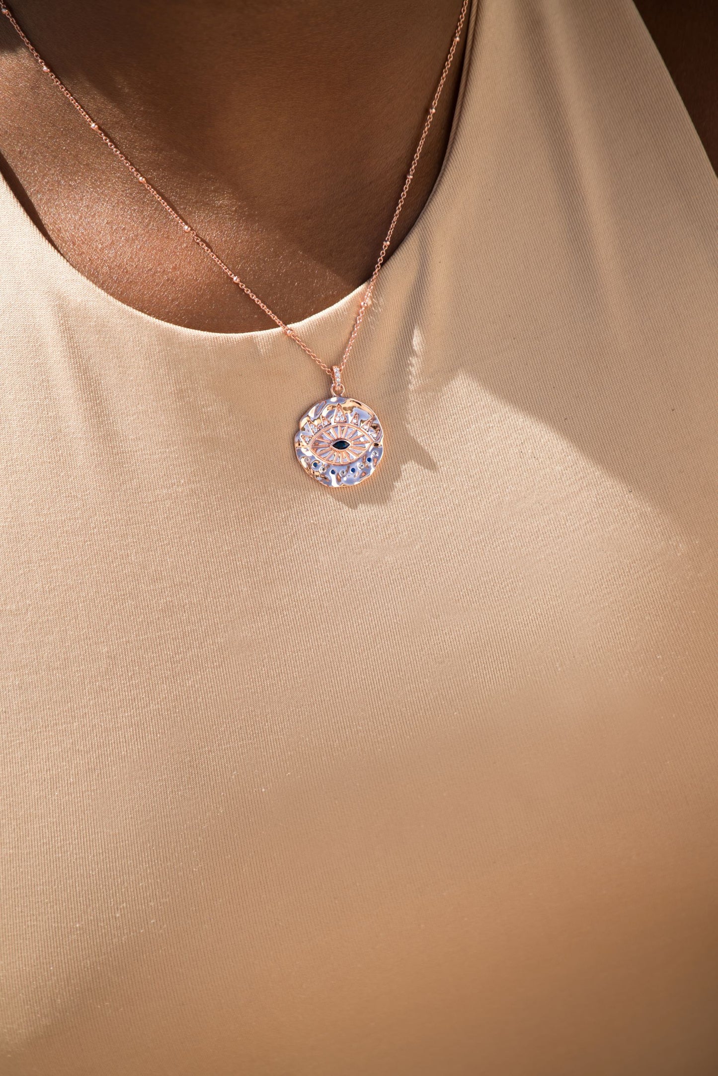 Evil Eye Protection Necklace, 18k Gold over Sterling Silver with Sapphire and White Topaz, High Polish Finish