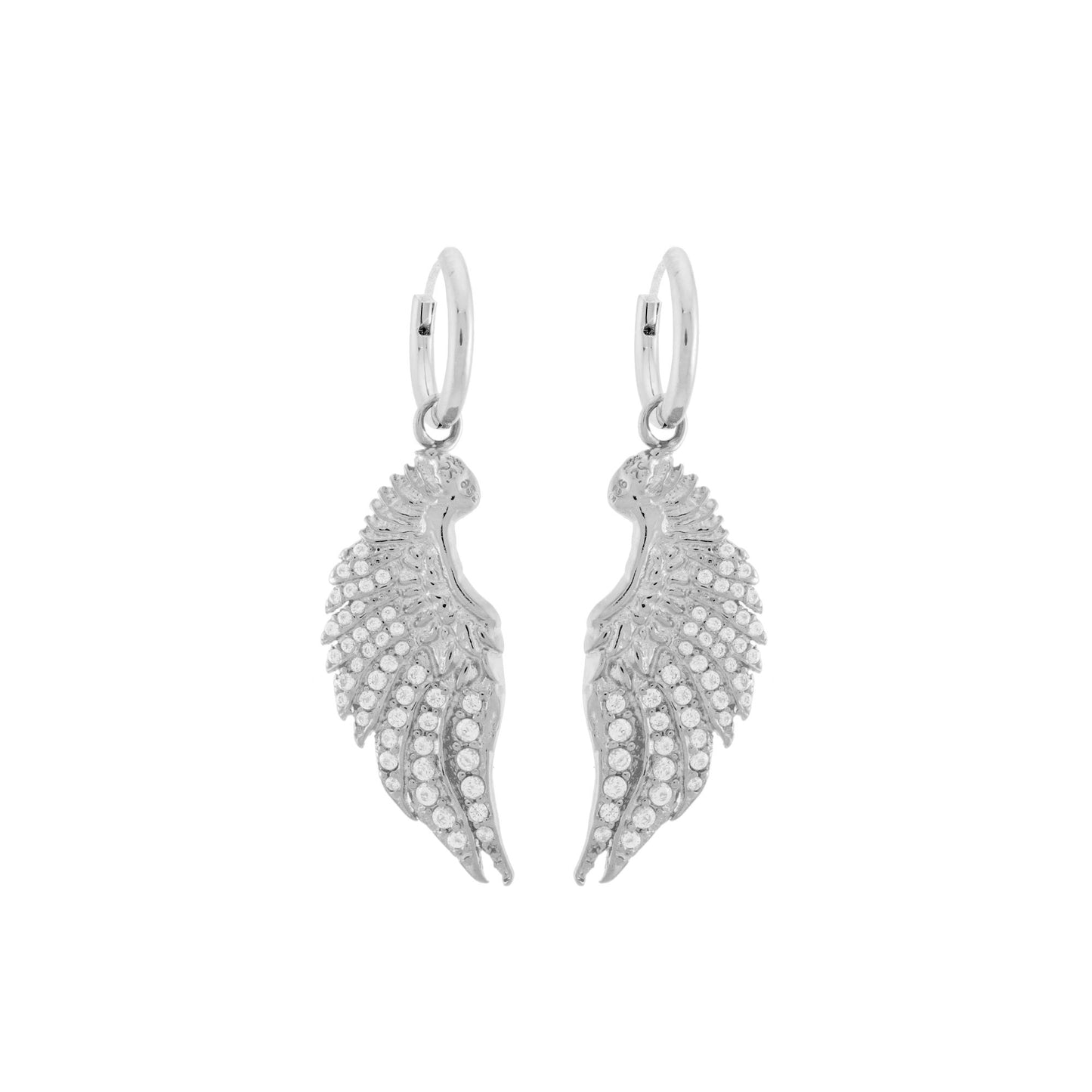 Angel Wing Earrings with CZ Diamond Pave, White Rhodium