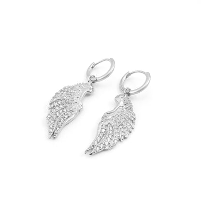 Angel Wing Earrings with CZ Diamond Pave, White Rhodium