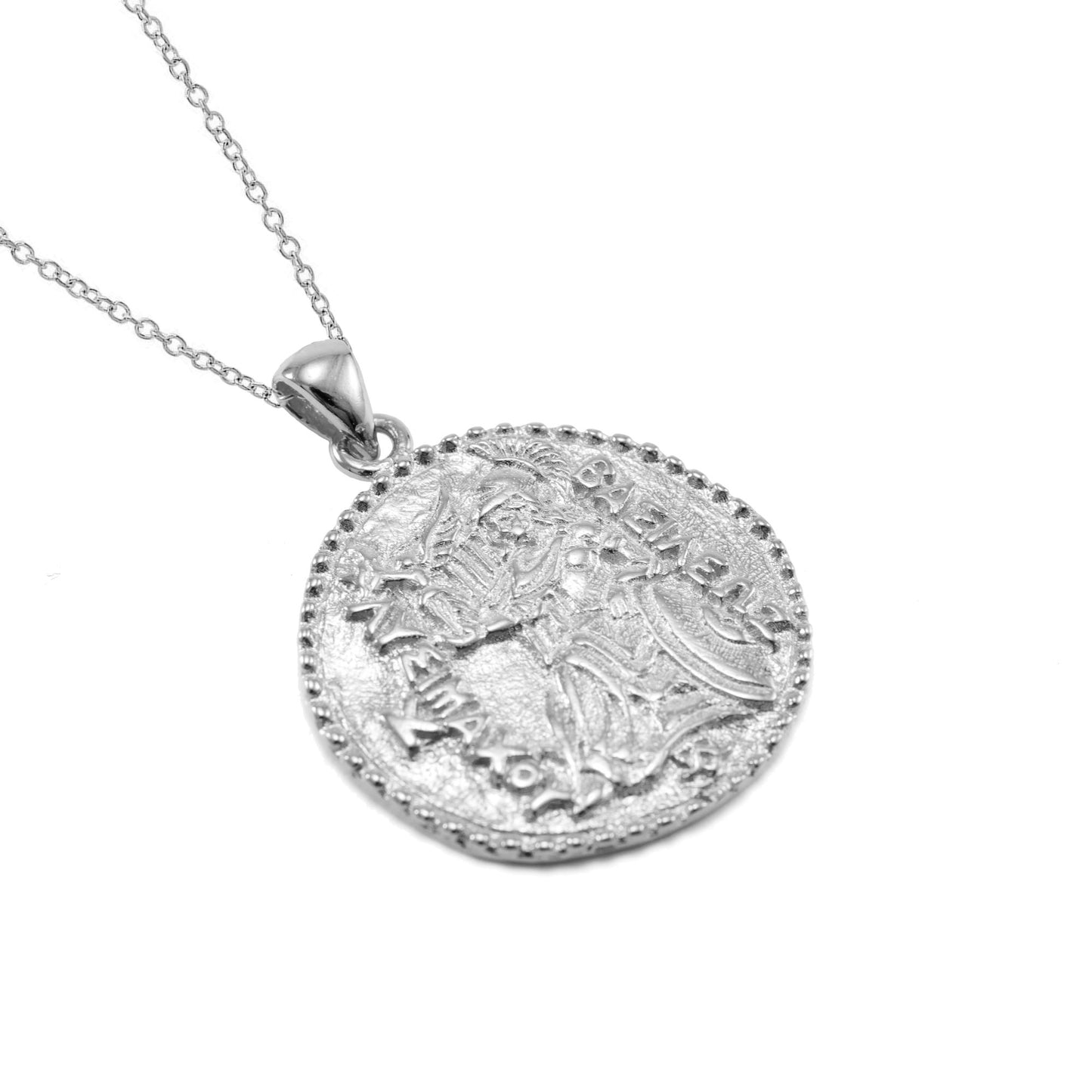 Athena Antique Coin Necklace, White Rhodium