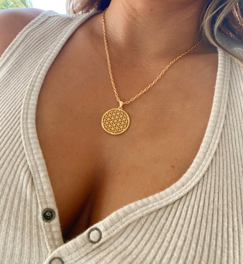 Flower of Life Necklace, 18K Gold Over Sterling Silver, Link Chain