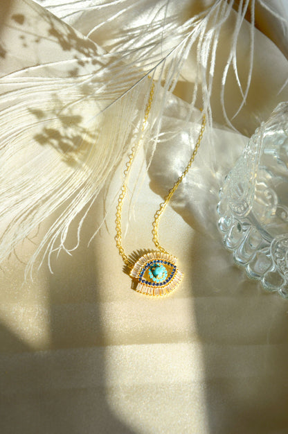 Evil Eye Necklace, 18k Gold Vermeil with Turquoise, Lapis, Zirconia Baguette Diamonds