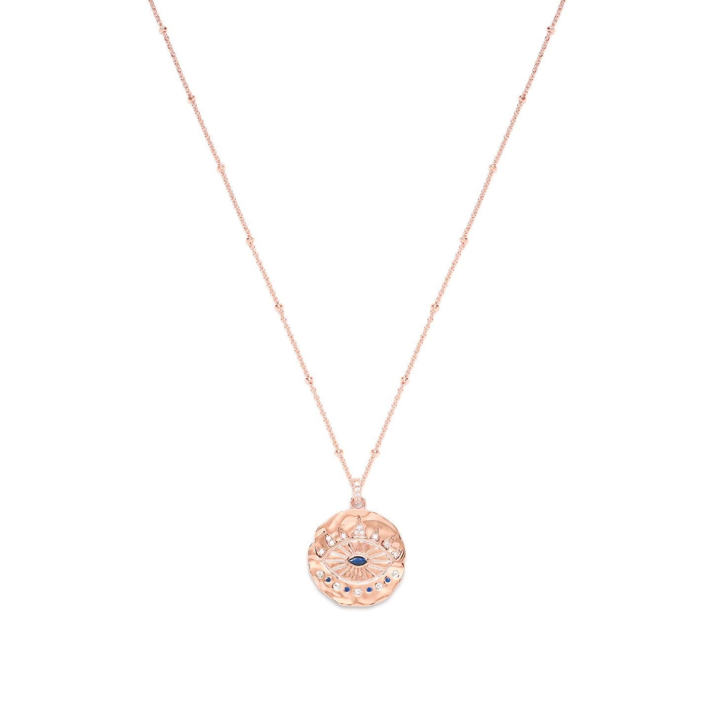 Evil Eye Protection Necklace, White Rhodium over Sterling Silver with Sapphire and White Topaz, High Polish Finish