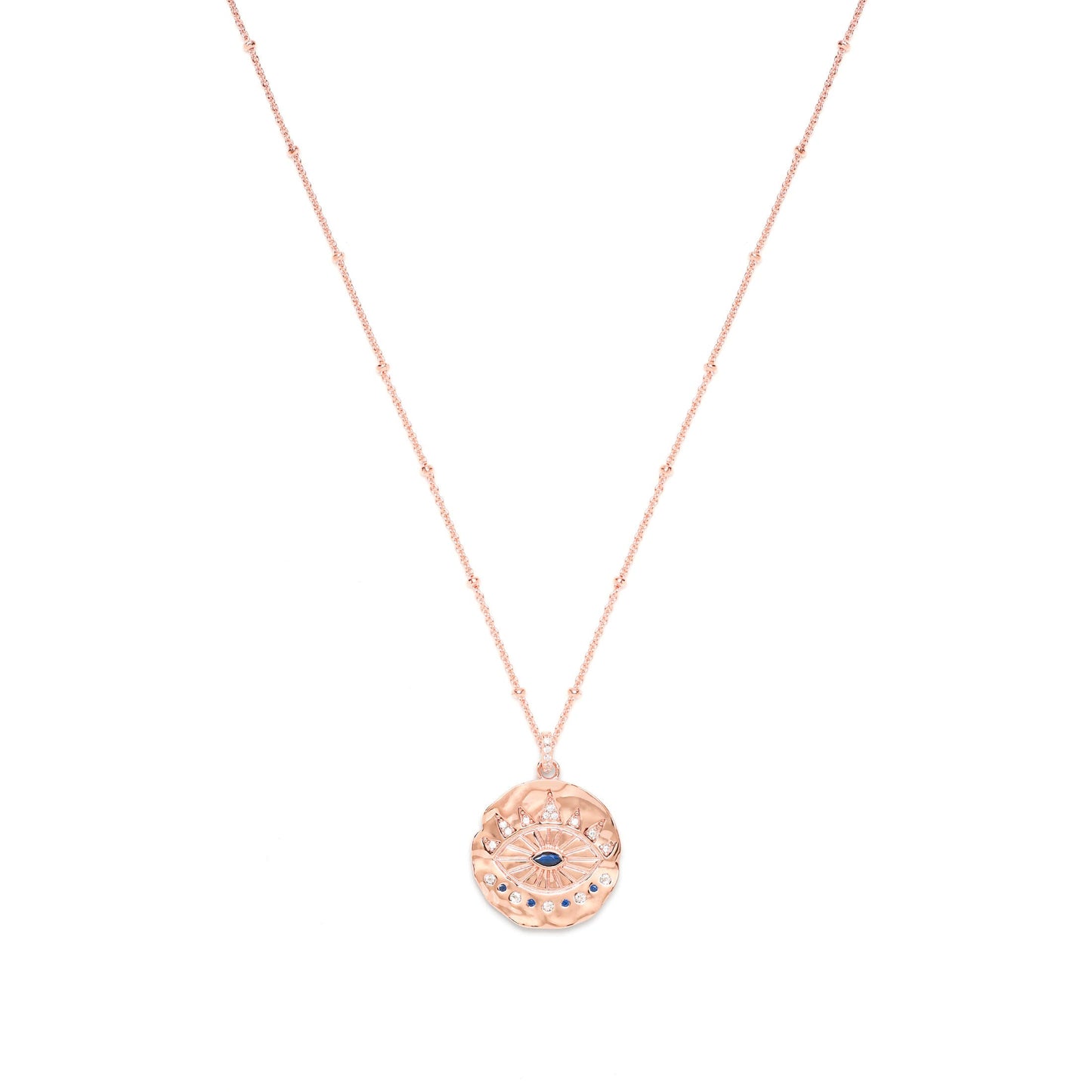 Evil Eye Protection Necklace, Rose Gold over Sterling Silver with Sapphire and White Topaz, High Polish Finish