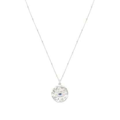 Evil Eye Protection Necklace, White Rhodium over Sterling Silver with Sapphire and White Topaz, High Polish Finish