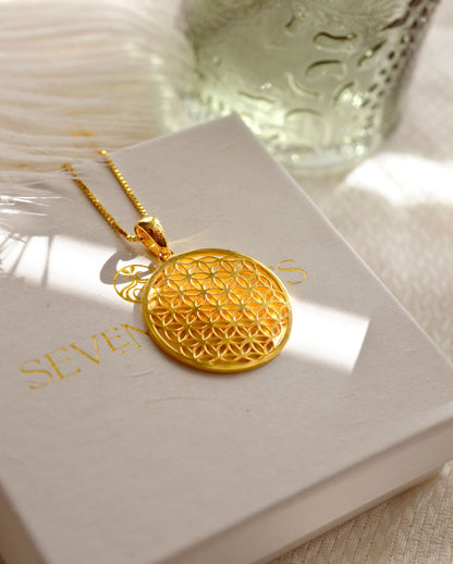 Flower of Life Spiritual Expansion Necklace, 18K Gold, 16+3"