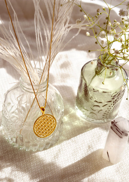 Flower of Life Spiritual Expansion Necklace, 18K Gold, 16+3"