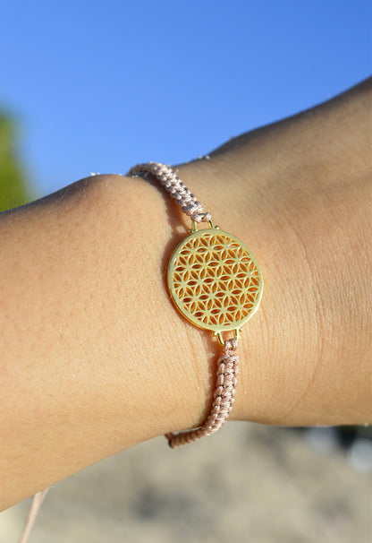 Heart in Bloom Flower of Life Woven Bracelet, Taupe, White Rhodium, One Size