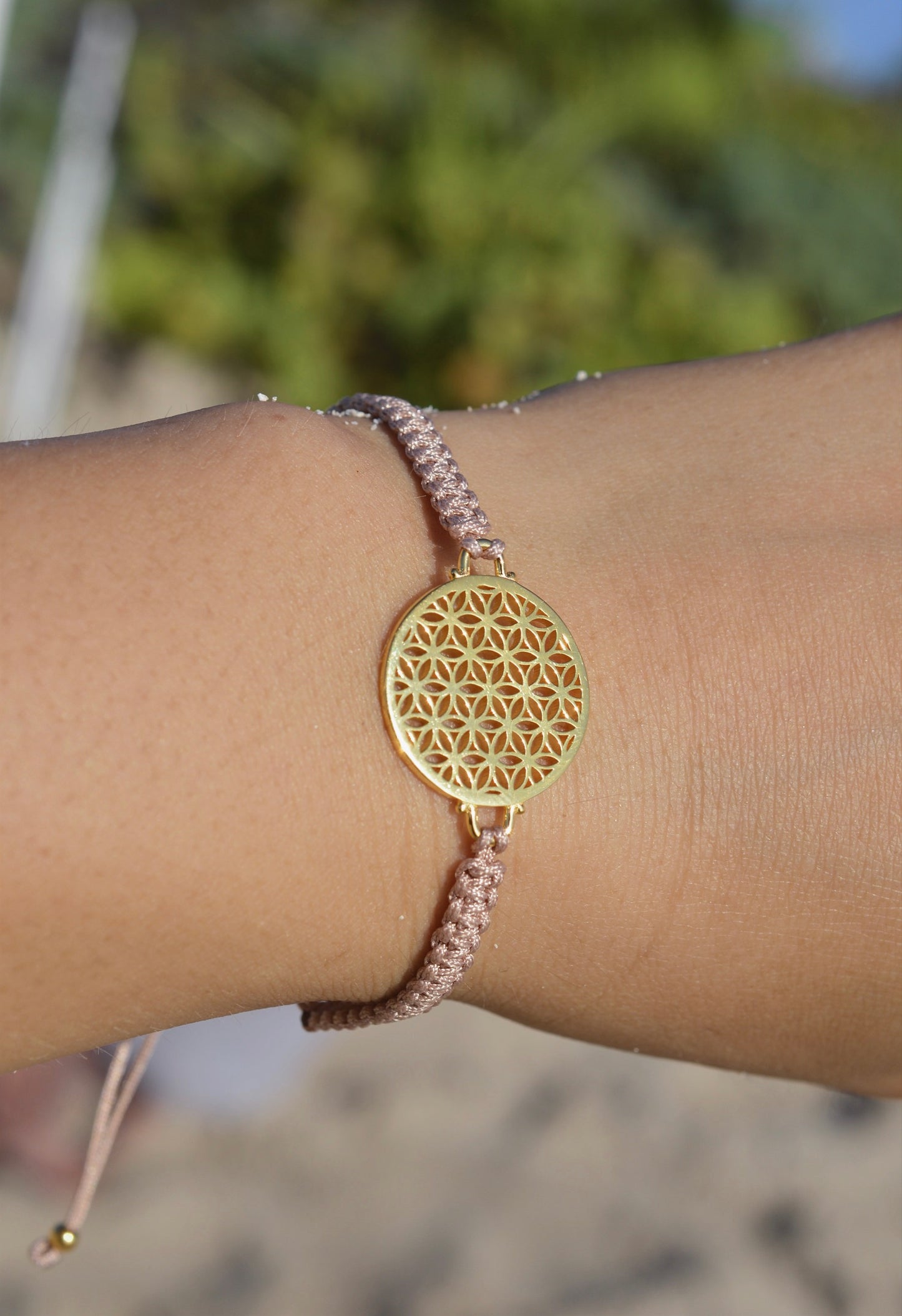 Heart in Bloom Flower of Life Woven Bracelet, Taupe, 18k Gold, One Size