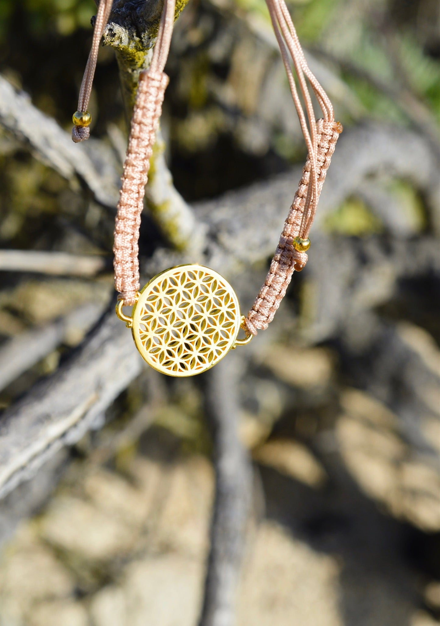 Heart in Bloom Flower of Life Woven Bracelet, Taupe, White Rhodium, One Size