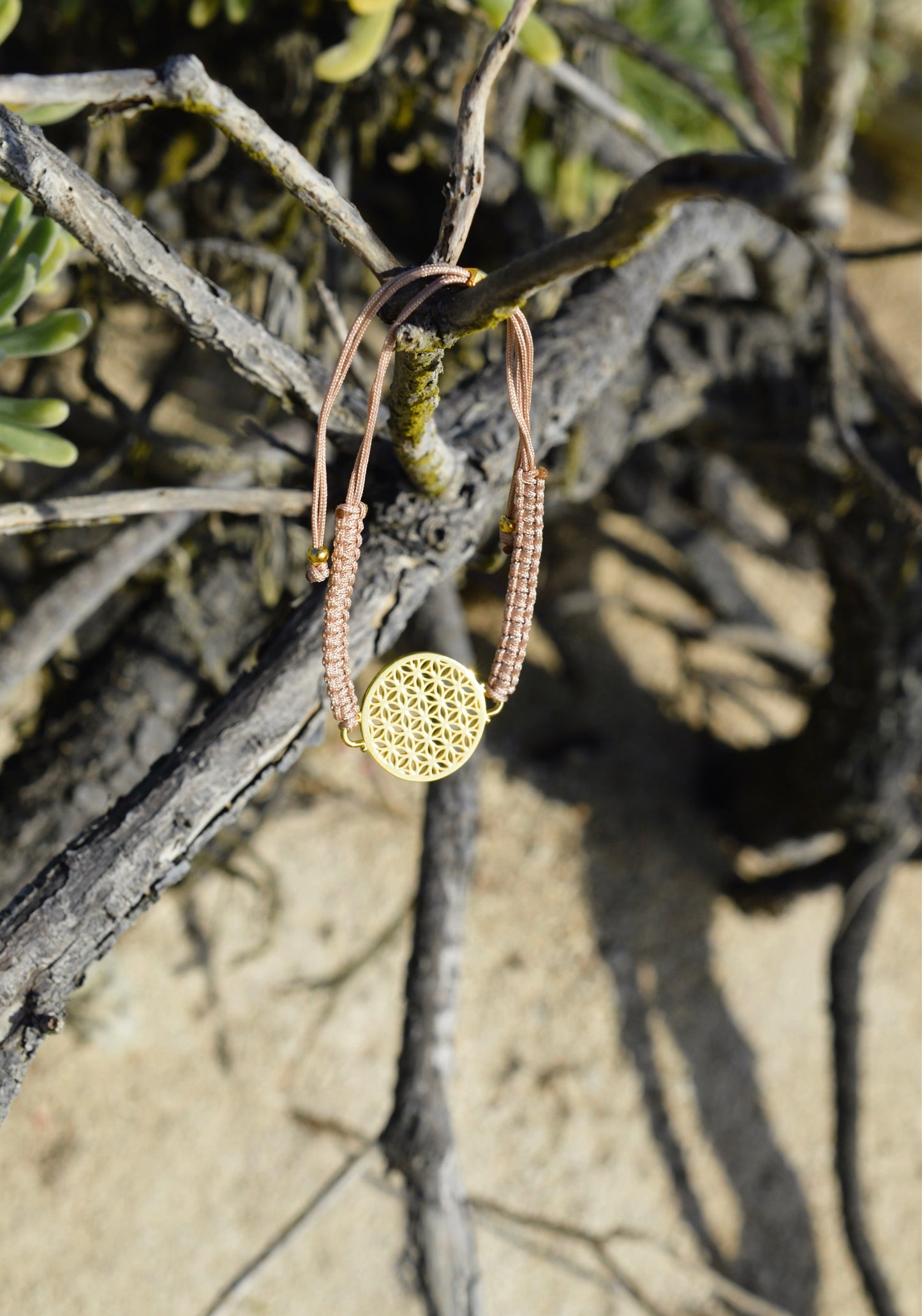 Heart in Bloom Flower of Life Woven Bracelet, Taupe, 18k Gold, One Size