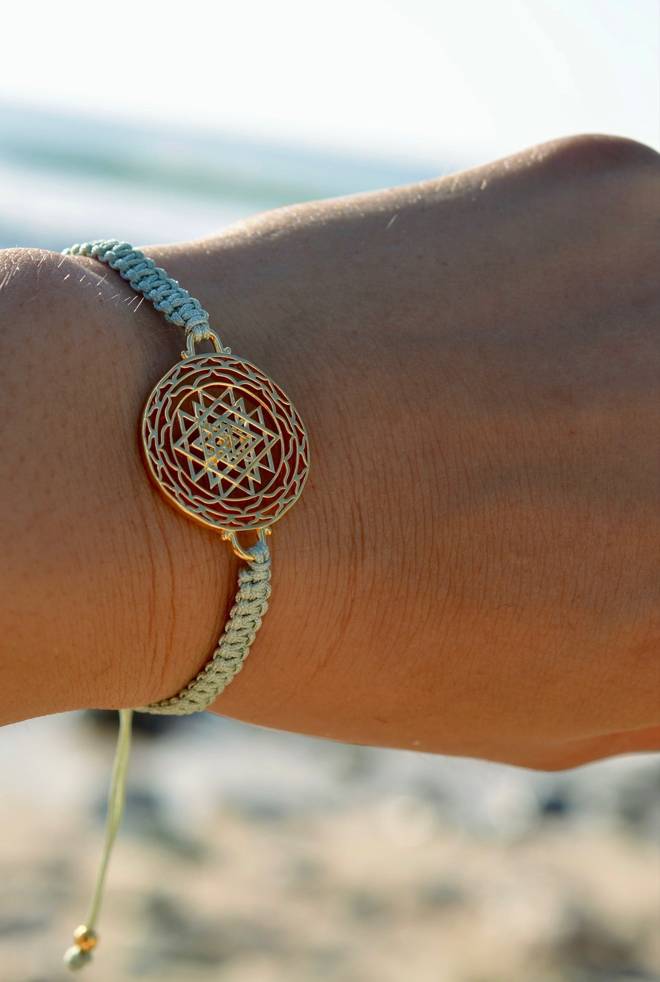 Luck and Prosperity Sri Yantra Friendship Bracelet, White Rhodium, Sage Green, One Size