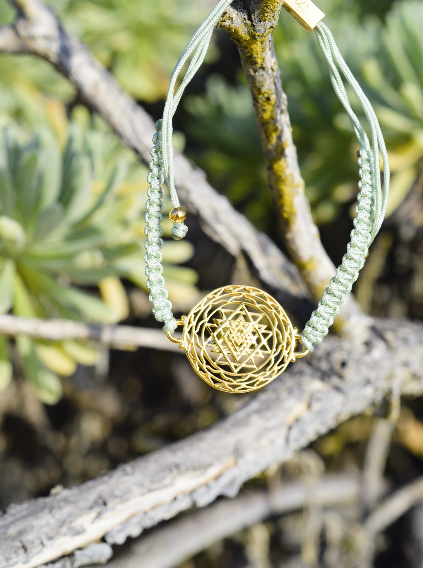 Luck and Prosperity Sri Yantra Friendship Bracelet, 18k Gold, Sage Green, One Size