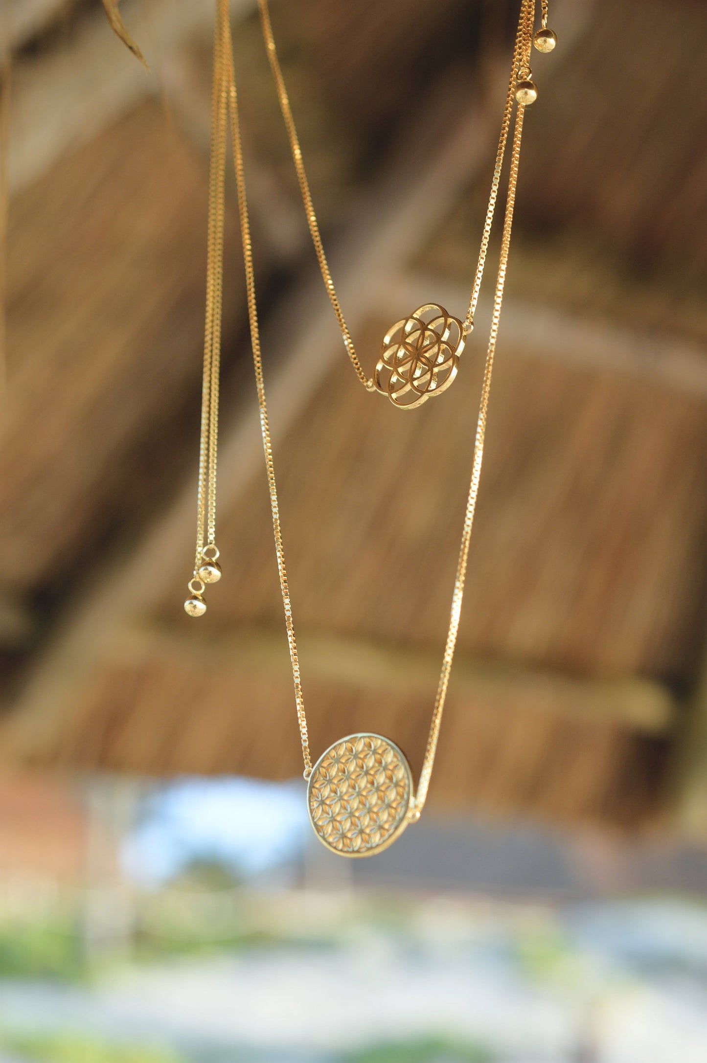 Flower of Life Choker/Y-Style Lariat, Reversible Necklace 18K Gold