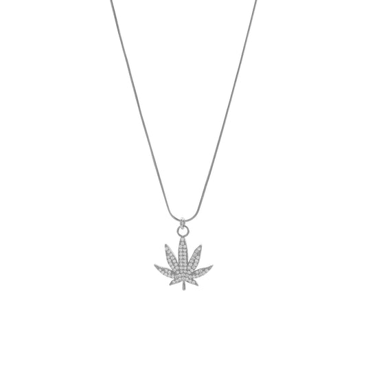 MJ Leaf Pave Necklace, White Rhodium over Sterling Silver