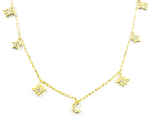 Heavenly Realms Moon & Stars Drop Choker Necklace, 18k Gold, CZ Diamond