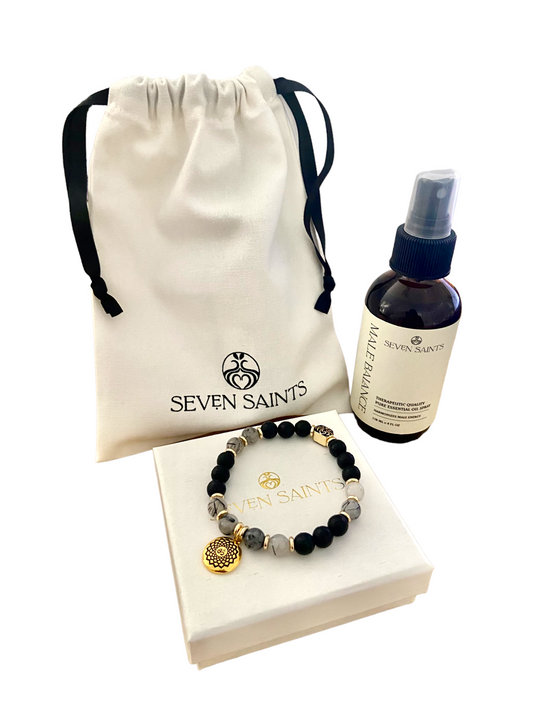 Spiritual Growth Male Balance Gift Set with Crown Chakra Bracelet, Rutiliated Quartz and Onyx