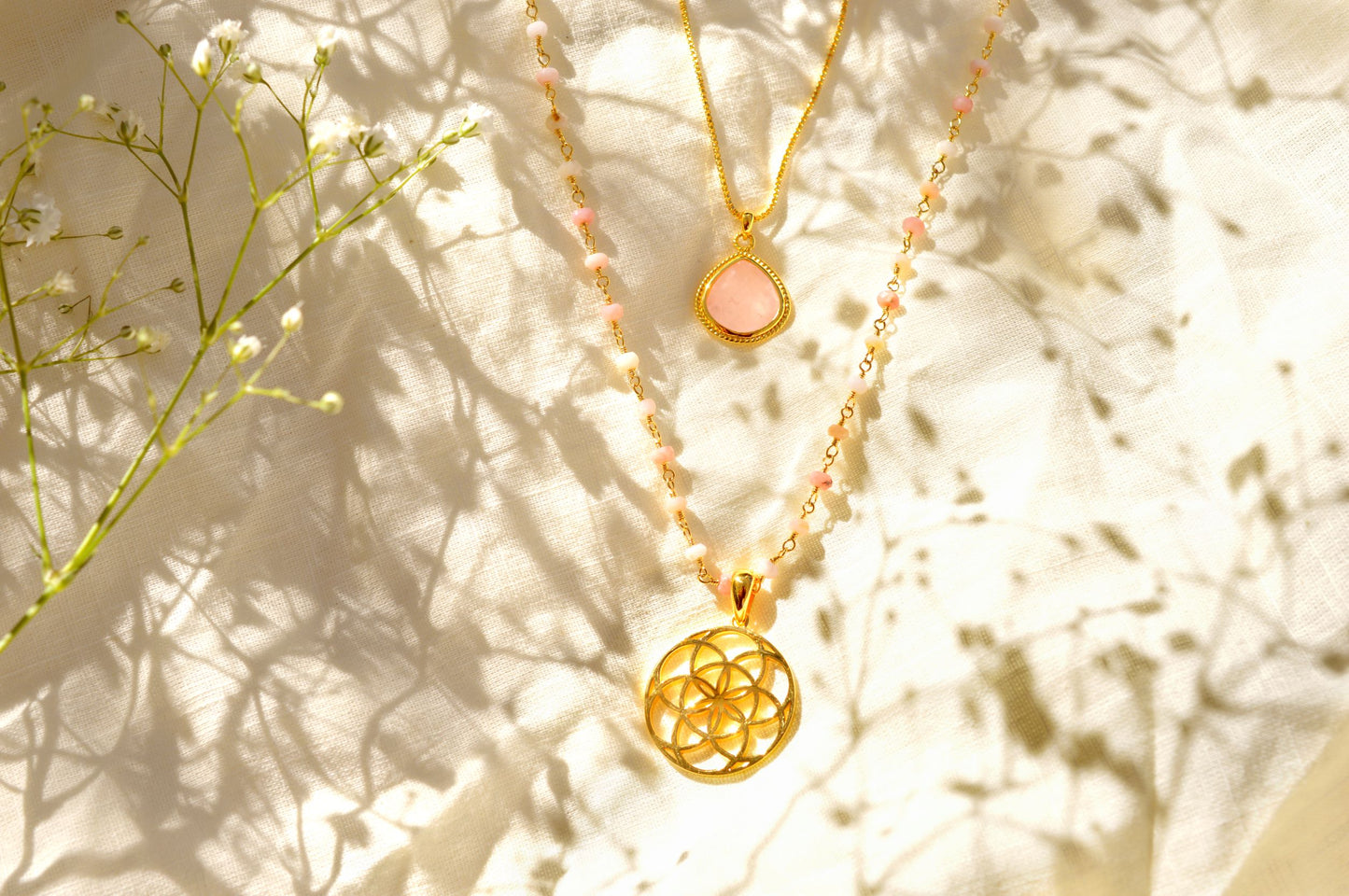 Spiritual Radiance Seed of Life Necklace, Pink Opal, 18k Gold Finish