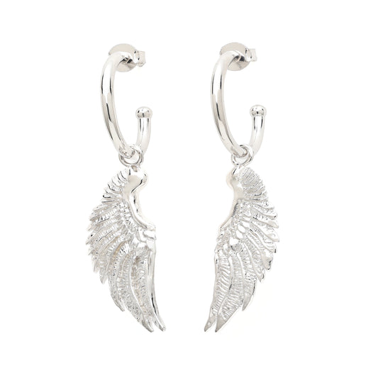 Angel Wing Small Hoop Earrings White Rhodium Over Sterling Silver