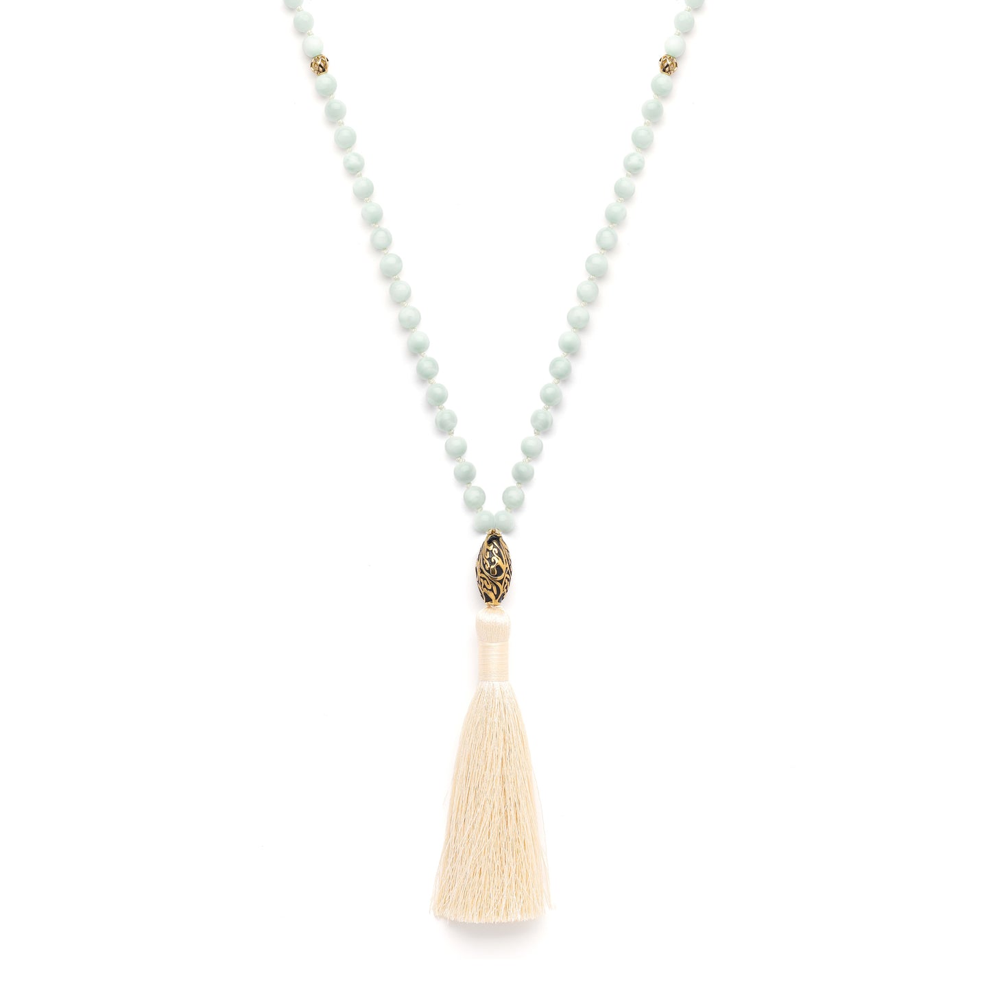 Goddess of Freedom and Wisdom 108 Bead Mala, Pale Green Moonstone