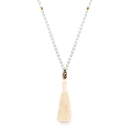 Goddess of Freedom and Wisdom 108 Bead Mala, Pale Green Moonstone