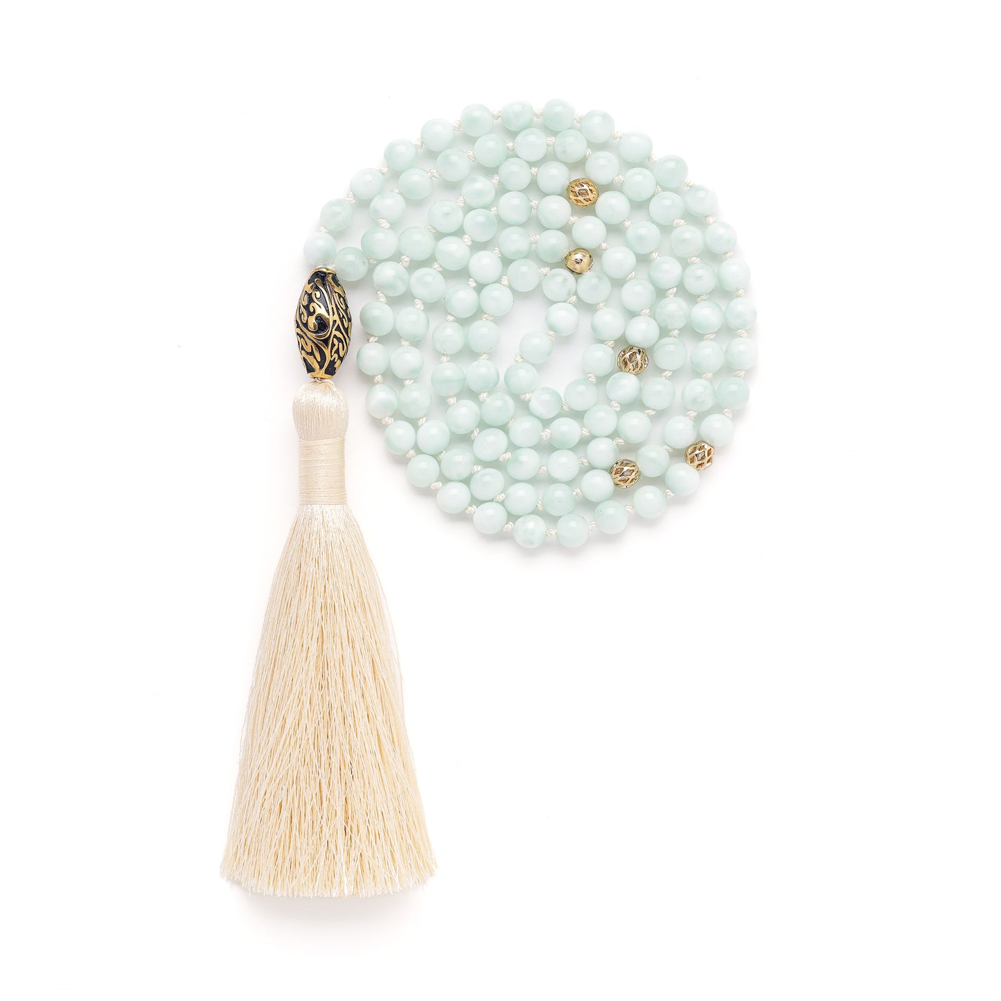 Goddess of Freedom and Wisdom 108 Bead Mala, Pale Green Moonstone