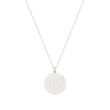 Flower of Life Spiritual Expansion Necklace, White Rhodium Over Sterling Silver, 16+3"