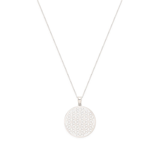 Flower of Life Spiritual Expansion Necklace, White Rhodium Over Sterling Silver, 16+3"