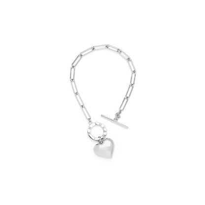 Heart Charm Chain Bracelet, White Rhodium Plated Sterling Silver