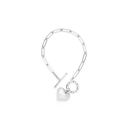 Heart Charm Chain Bracelet, White Rhodium Plated Sterling Silver