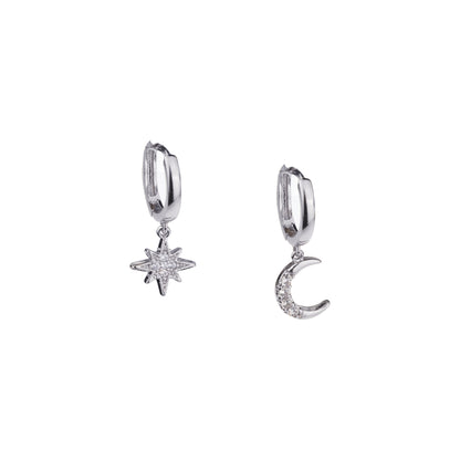 Moon & Star Huggie Hoop Earrings with Drop Charms, 18k Gold