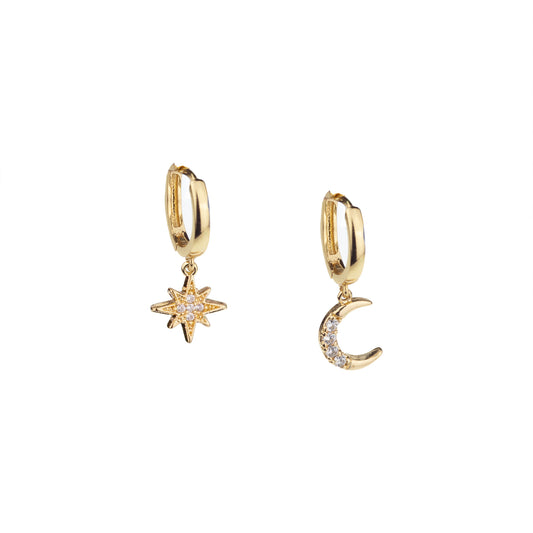 Moon & Star Huggie Hoop Earrings with Drop Charms, 18k Gold Vermeil