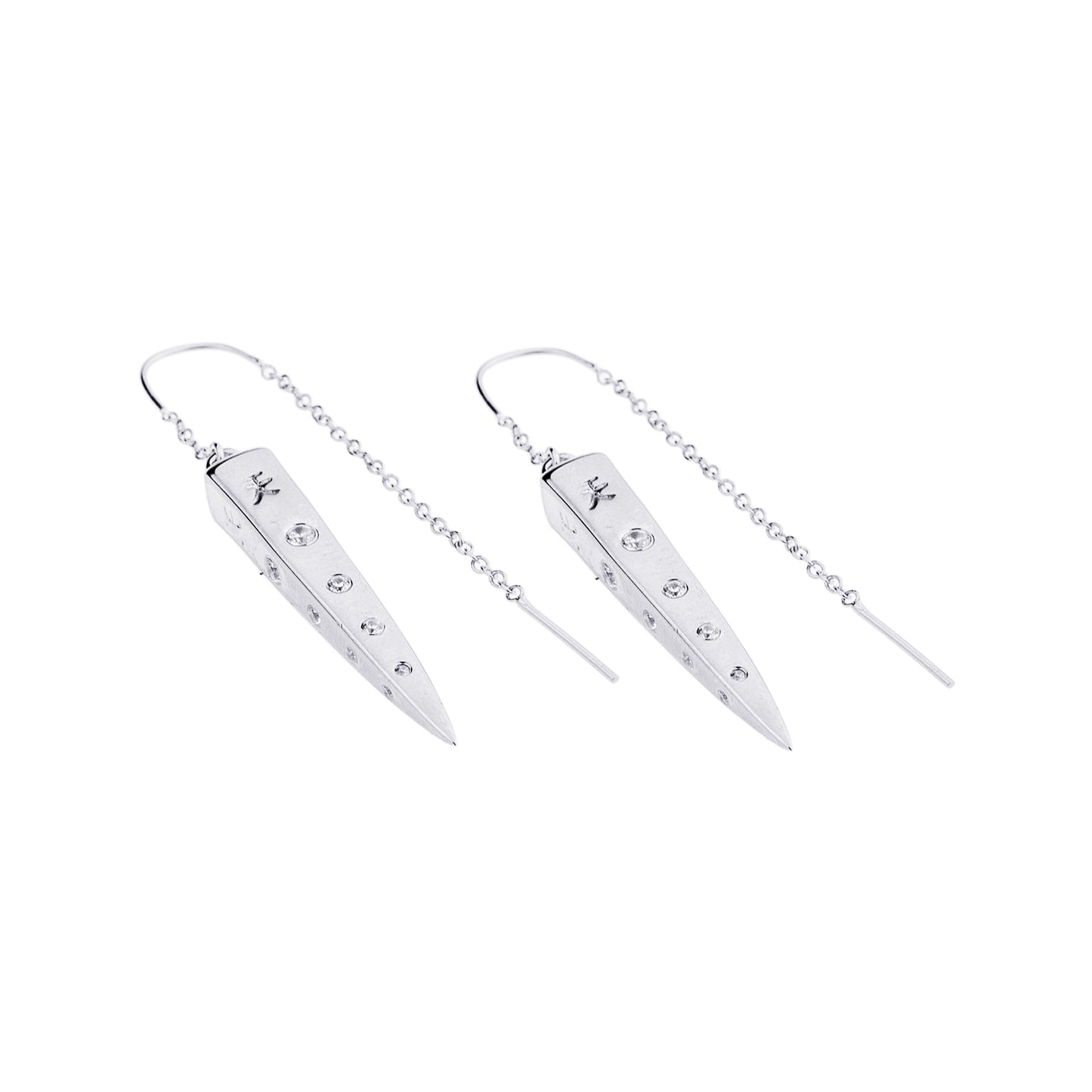 "Good Fortune Every Day" Spike Earrings with Clear Quartz, Sterling Silver, White Rhodium Finished