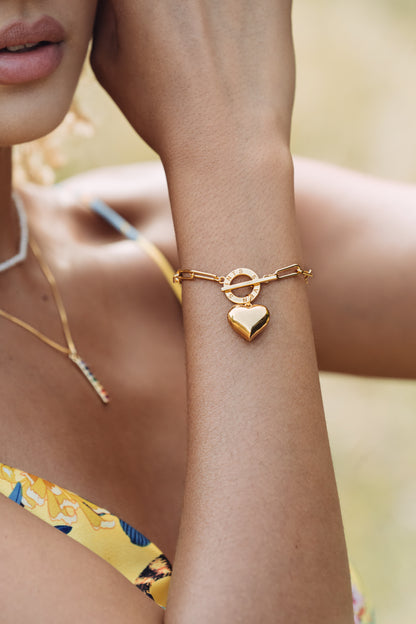 Heart Charm Chain Bracelet, White Rhodium Plated Sterling Silver