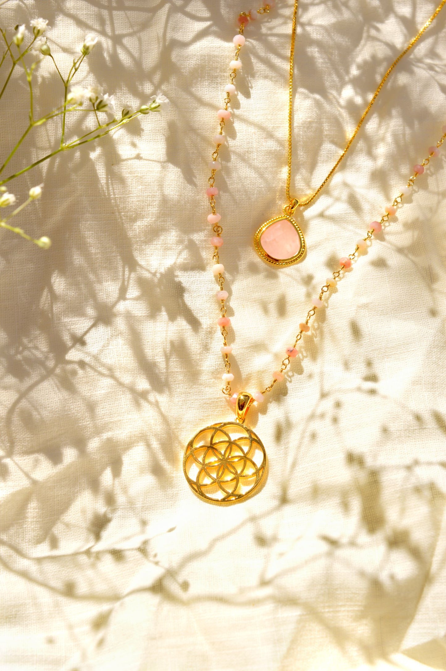 Spiritual Radiance Seed of Life Necklace, Pink Opal, 18k Gold Finish