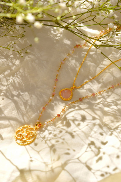 Spiritual Radiance Seed of Life Necklace, Pink Opal, 18k Gold Finish