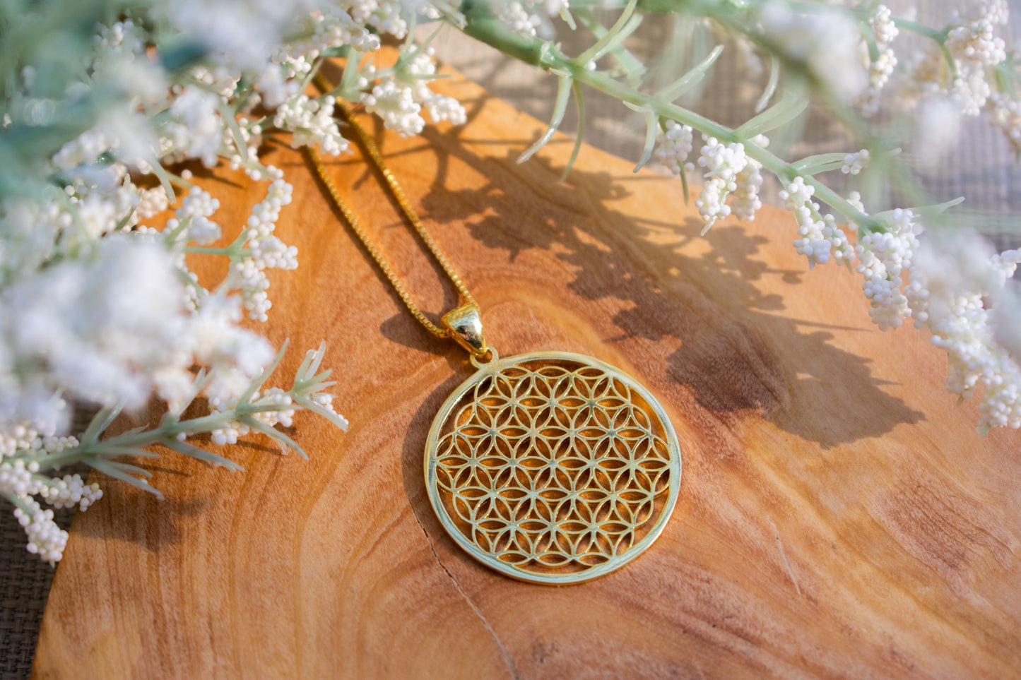 Flower of Life Spiritual Expansion Necklace, 18K Gold, 16+3"