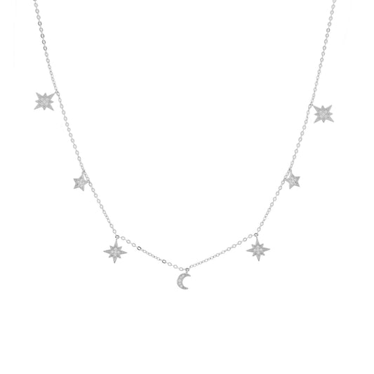 Heavenly Realms Moon & Stars Drop Choker Necklace, White Rhodium, CZ Diamond