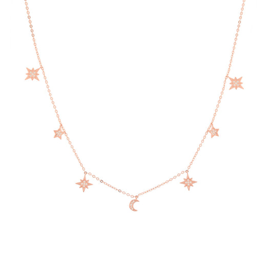 Heavenly Realms Moon & Stars Drop Choker Necklace, Rose Gold, CZ Diamond