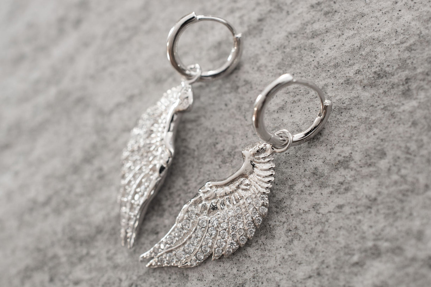 Angel Wing Earrings with CZ Diamond Pave, White Rhodium